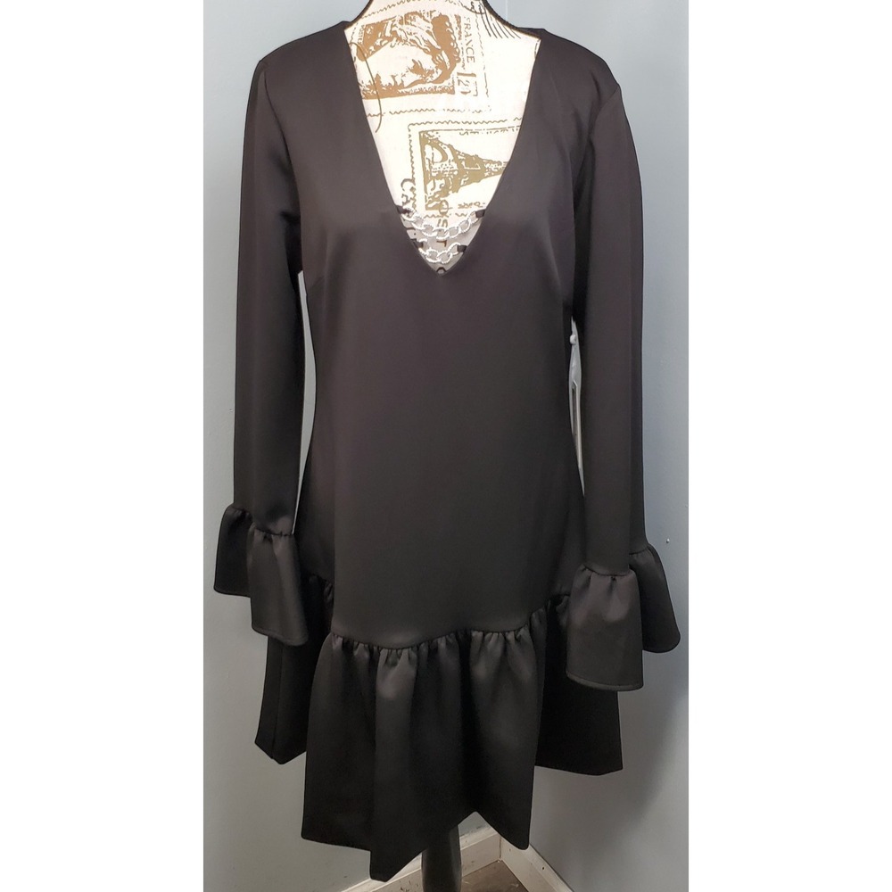 Siena Dress Womens 14 Black Long Sleeve Ruffle Cuffs Deep V-Neck Peplum Hem